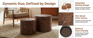 English Elm 2-piece Nesting Drum Coffee Tables Pommele Veneer Organic Modern Living Room Set W1435P520274