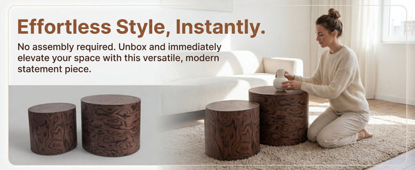 English Elm 2-piece Nesting Drum Coffee Tables Pommele Veneer Organic Modern Living Room Set W1435P520274