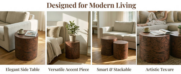 English Elm 2-piece Nesting Drum Coffee Tables Pommele Veneer Organic Modern Living Room Set W1435P520274
