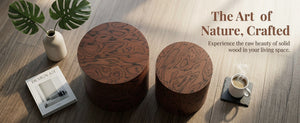 English Elm 2-piece Nesting Drum Coffee Tables Pommele Veneer Organic Modern Living Room Set W1435P520274