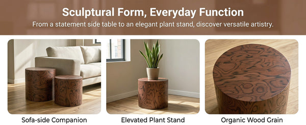 English Elm 2-piece Nesting Drum Coffee Tables Pommele Veneer Organic Modern Living Room Set W1435P520274