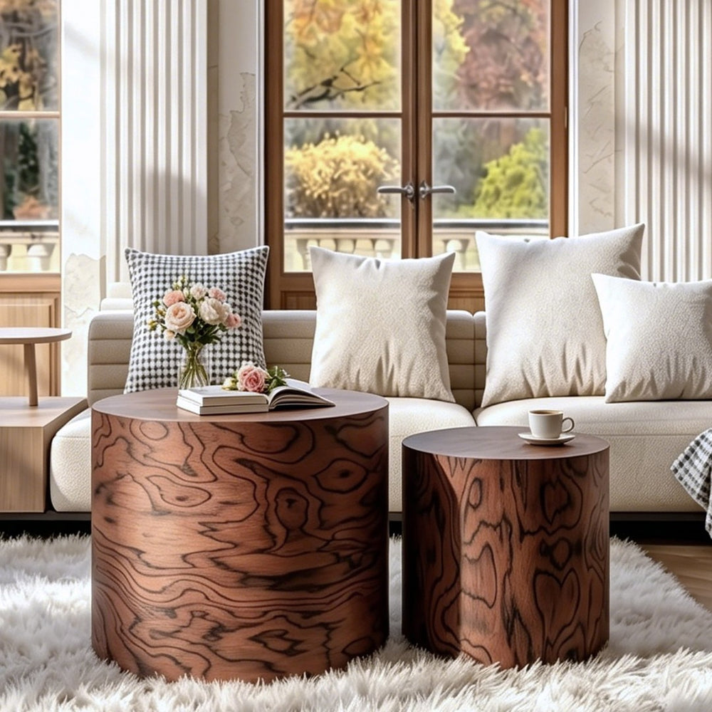 English Elm 2-piece Nesting Drum Coffee Tables Pommele Veneer Organic Modern Living Room Set W1435P520274