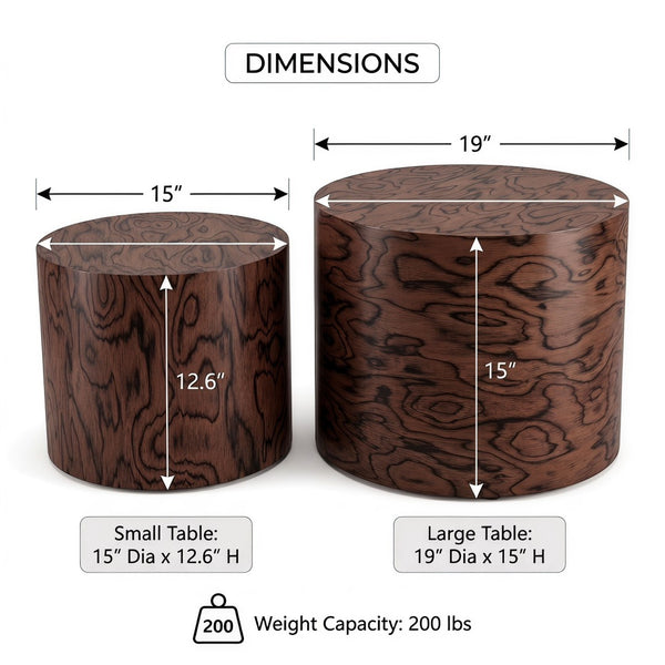 English Elm 2-piece Nesting Drum Coffee Tables Pommele Veneer Organic Modern Living Room Set W1435P520274