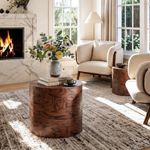 English Elm 2-piece Nesting Drum Coffee Tables Pommele Veneer Organic Modern Living Room Set W1435P520274