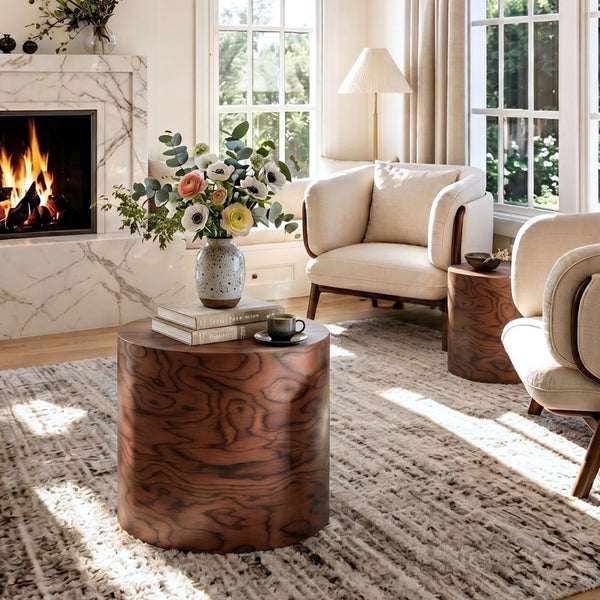 English Elm 2-piece Nesting Drum Coffee Tables Pommele Veneer Organic Modern Living Room Set W1435P520274
