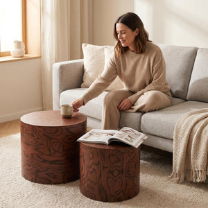 English Elm 2-piece Nesting Drum Coffee Tables Pommele Veneer Organic Modern Living Room Set W1435P520274