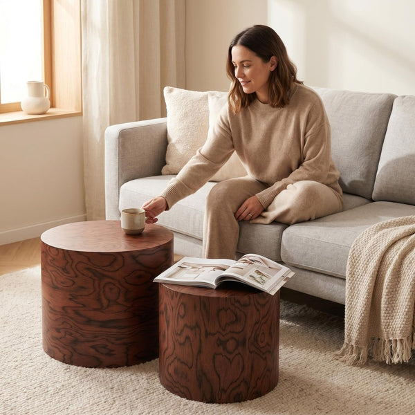 English Elm 2-piece Nesting Drum Coffee Tables Pommele Veneer Organic Modern Living Room Set W1435P520274