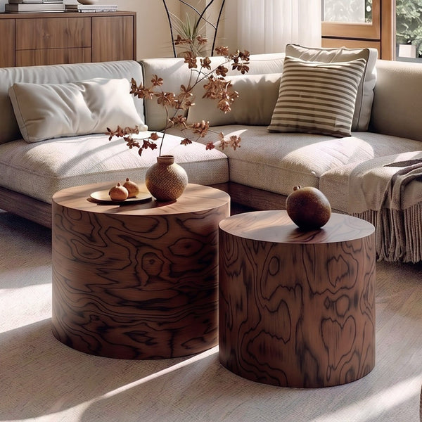English Elm 2-piece Nesting Drum Coffee Tables Pommele Veneer Organic Modern Living Room Set W1435P520274