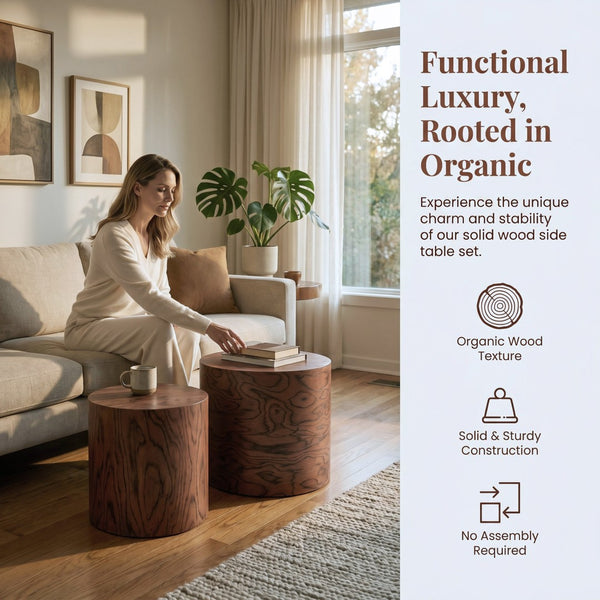 English Elm 2-piece Nesting Drum Coffee Tables Pommele Veneer Organic Modern Living Room Set W1435P520274