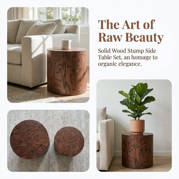 English Elm 2-piece Nesting Drum Coffee Tables Pommele Veneer Organic Modern Living Room Set W1435P520274
