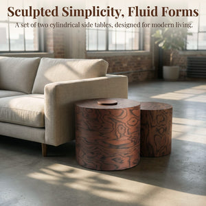 English Elm 2-piece Nesting Drum Coffee Tables Pommele Veneer Organic Modern Living Room Set W1435P520274