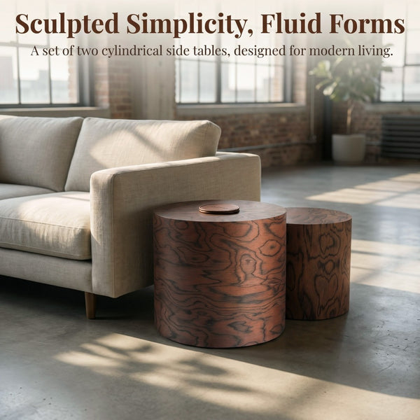 English Elm 2-piece Nesting Drum Coffee Tables Pommele Veneer Organic Modern Living Room Set W1435P520274