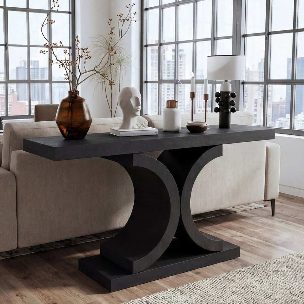 English Elm 60" Black Oak Veneer Console Table Sculptural Curved Base Slim Entryway Modern W1435S00036