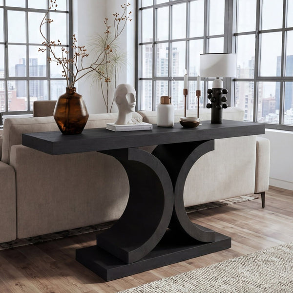 English Elm 60" Black Oak Veneer Console Table Sculptural Curved Base Slim Entryway Modern W1435S00036