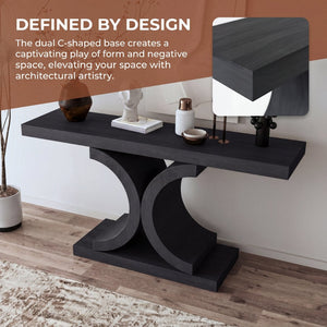 English Elm 60" Black Oak Veneer Console Table Sculptural Curved Base Slim Entryway Modern W1435S00036