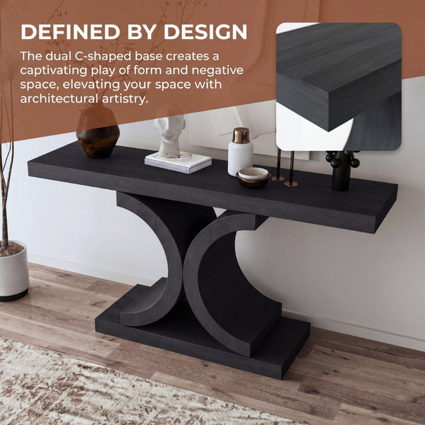 English Elm 60" Black Oak Veneer Console Table Sculptural Curved Base Slim Entryway Modern W1435S00036