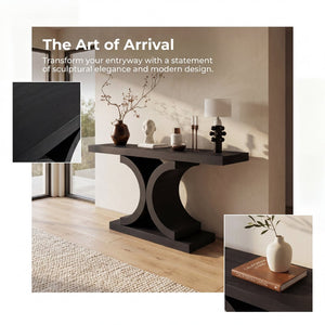 English Elm 60" Black Oak Veneer Console Table Sculptural Curved Base Slim Entryway Modern W1435S00036