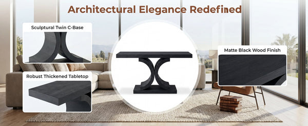 English Elm 60" Black Oak Veneer Console Table Sculptural Curved Base Slim Entryway Modern W1435S00036