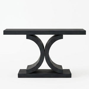 English Elm 60" Black Oak Veneer Console Table Sculptural Curved Base Slim Entryway Modern W1435S00036