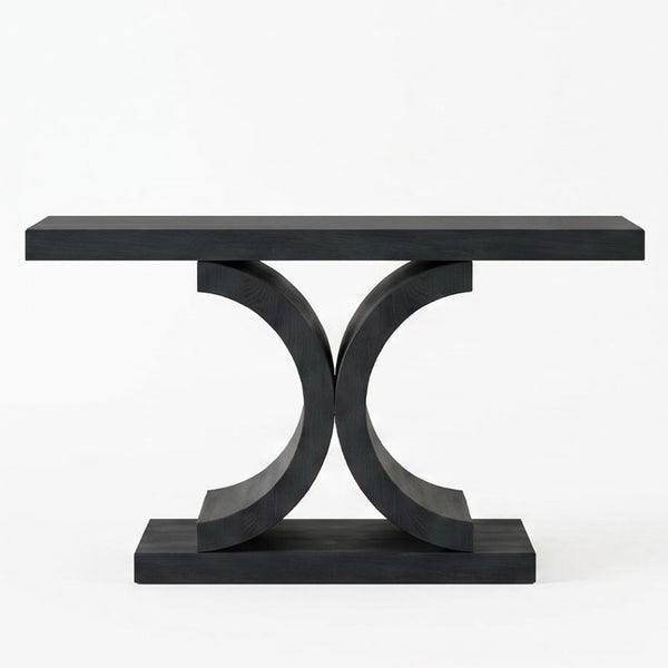 English Elm 60" Black Oak Veneer Console Table Sculptural Curved Base Slim Entryway Modern W1435S00036