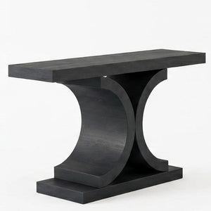 English Elm 60" Black Oak Veneer Console Table Sculptural Curved Base Slim Entryway Modern W1435S00036