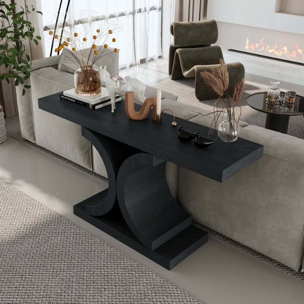 English Elm 60" Black Oak Veneer Console Table Sculptural Curved Base Slim Entryway Modern W1435S00036