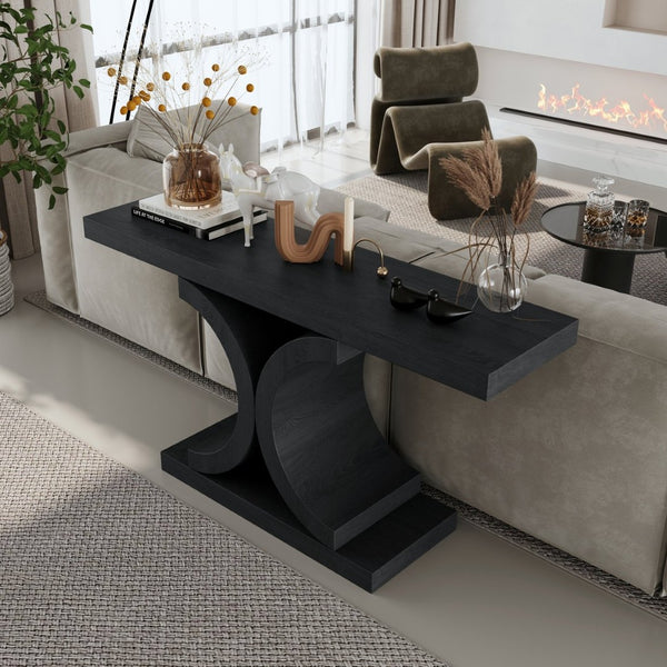 English Elm 60" Black Oak Veneer Console Table Sculptural Curved Base Slim Entryway Modern W1435S00036