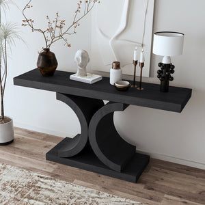 English Elm 60" Black Oak Veneer Console Table Sculptural Curved Base Slim Entryway Modern W1435S00036