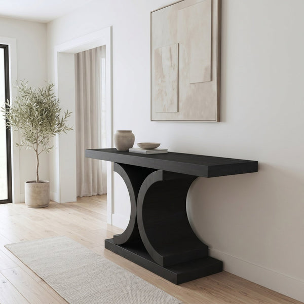 English Elm 60" Black Oak Veneer Console Table Sculptural Curved Base Slim Entryway Modern W1435S00036