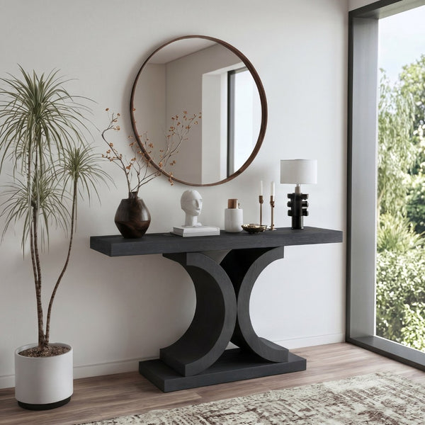 English Elm 60" Black Oak Veneer Console Table Sculptural Curved Base Slim Entryway Modern W1435S00036