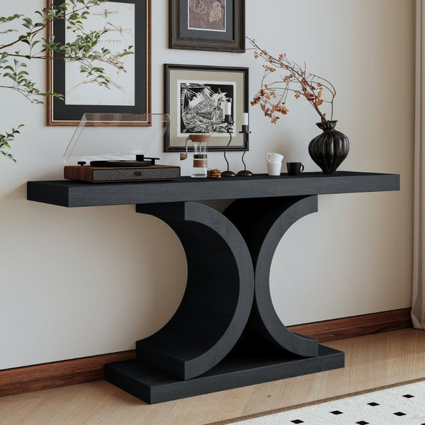 English Elm 60" Black Oak Veneer Console Table Sculptural Curved Base Slim Entryway Modern W1435S00036