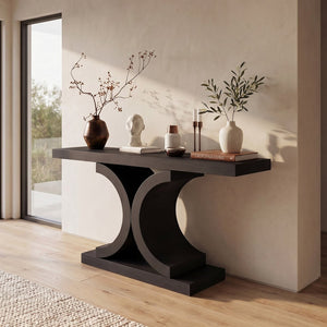 English Elm 60" Black Oak Veneer Console Table Sculptural Curved Base Slim Entryway Modern W1435S00036