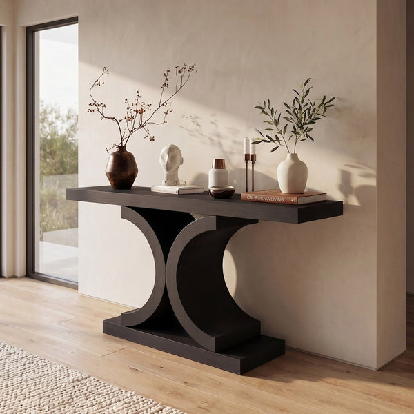English Elm 60" Black Oak Veneer Console Table Sculptural Curved Base Slim Entryway Modern W1435S00036
