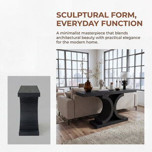 English Elm 60" Black Oak Veneer Console Table Sculptural Curved Base Slim Entryway Modern W1435S00036