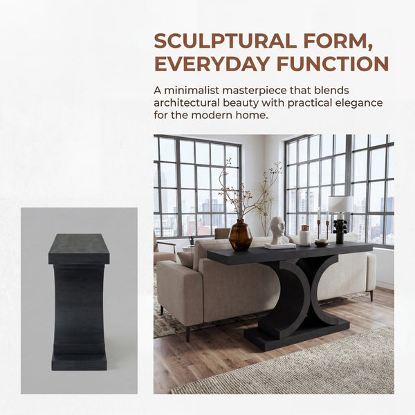 English Elm 60" Black Oak Veneer Console Table Sculptural Curved Base Slim Entryway Modern W1435S00036