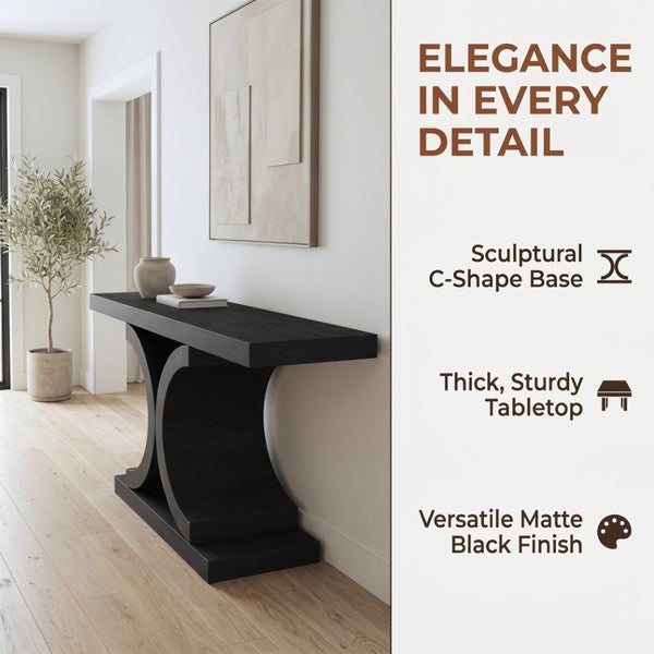 English Elm 60" Black Oak Veneer Console Table Sculptural Curved Base Slim Entryway Modern W1435S00036