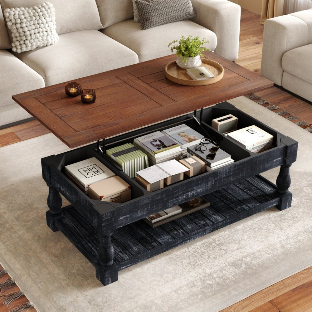 English Elm Retro Solid Wood Lift Top Coffee Table with Hidden Storage and Open Lower Shelf W1445P362857