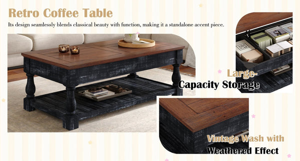 English Elm Retro Solid Wood Lift Top Coffee Table with Hidden Storage and Open Lower Shelf W1445P362857