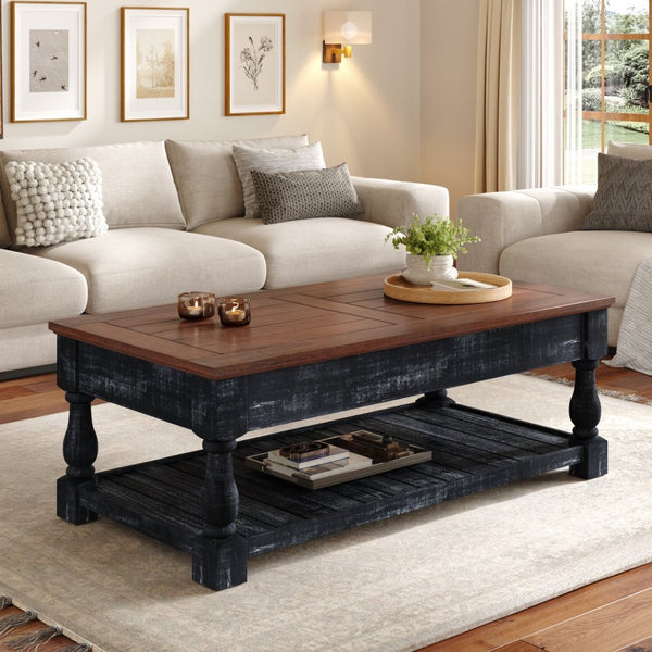 English Elm Retro Solid Wood Lift Top Coffee Table with Hidden Storage and Open Lower Shelf W1445P362857