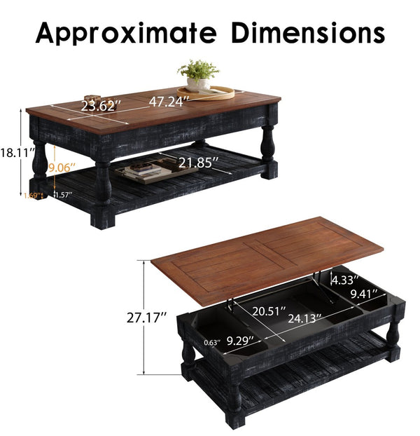 English Elm Retro Solid Wood Lift Top Coffee Table with Hidden Storage and Open Lower Shelf W1445P362857