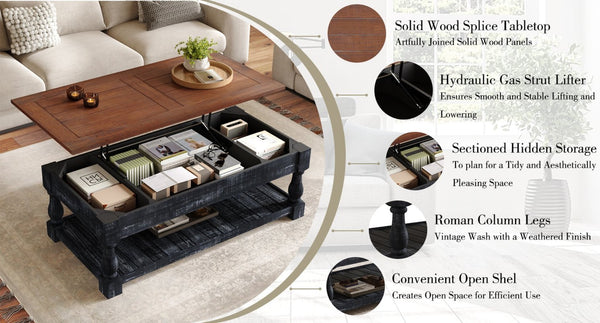 English Elm Retro Solid Wood Lift Top Coffee Table with Hidden Storage and Open Lower Shelf W1445P362857