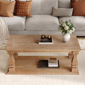English Elm Rectangular Solid Wood Farmhouse Coffee Table Baluster Legs Whitewashed Plank Top Shelf Antique Natural W1445P362861