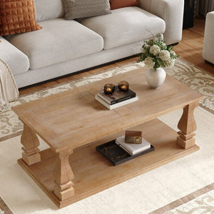 English Elm Rectangular Solid Wood Farmhouse Coffee Table Baluster Legs Whitewashed Plank Top Shelf Antique Natural W1445P362861