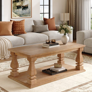 English Elm Rectangular Solid Wood Farmhouse Coffee Table Baluster Legs Whitewashed Plank Top Shelf Antique Natural W1445P362861
