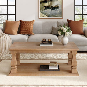 English Elm Rectangular Solid Wood Farmhouse Coffee Table Baluster Legs Whitewashed Plank Top Shelf Antique Natural W1445P362861