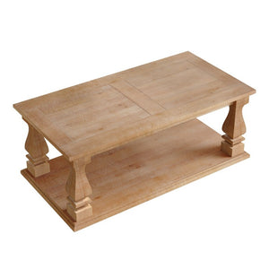 English Elm Rectangular Solid Wood Farmhouse Coffee Table Baluster Legs Whitewashed Plank Top Shelf Antique Natural W1445P362861