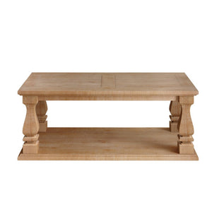 English Elm Rectangular Solid Wood Farmhouse Coffee Table Baluster Legs Whitewashed Plank Top Shelf Antique Natural W1445P362861