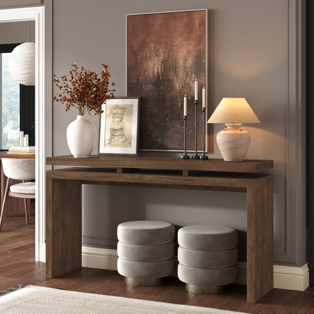 English Elm 60'' Farmhouse Console Table Distressed Solid Wood Two Open Shelves Entryway Accent W1445P482274