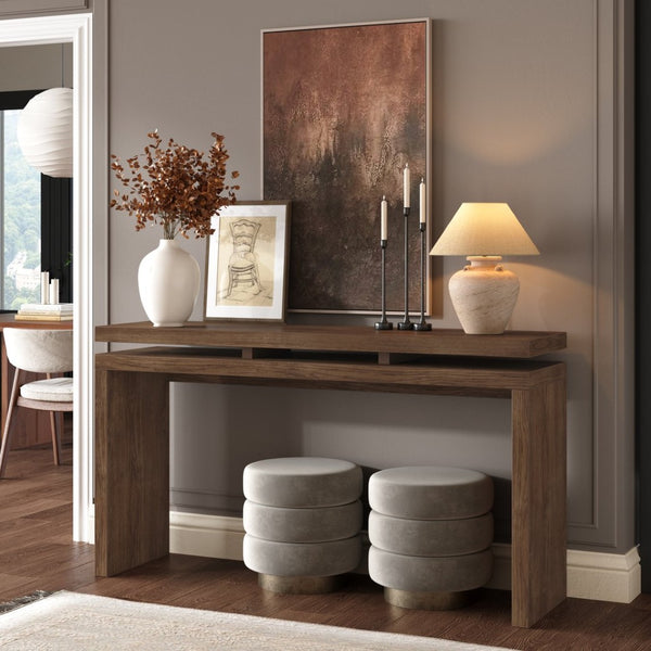 English Elm 60'' Farmhouse Console Table Distressed Solid Wood Two Open Shelves Entryway Accent W1445P482274