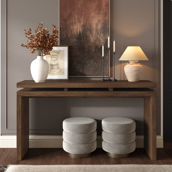 English Elm 60'' Farmhouse Console Table Distressed Solid Wood Two Open Shelves Entryway Accent W1445P482274
